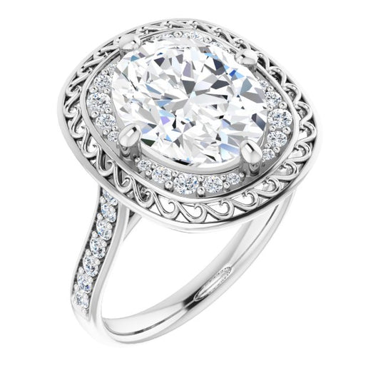 10K White Gold Customizable Cathedral-style Oval Cut featuring Cluster Accented Filigree Setting & Shared Prong Band