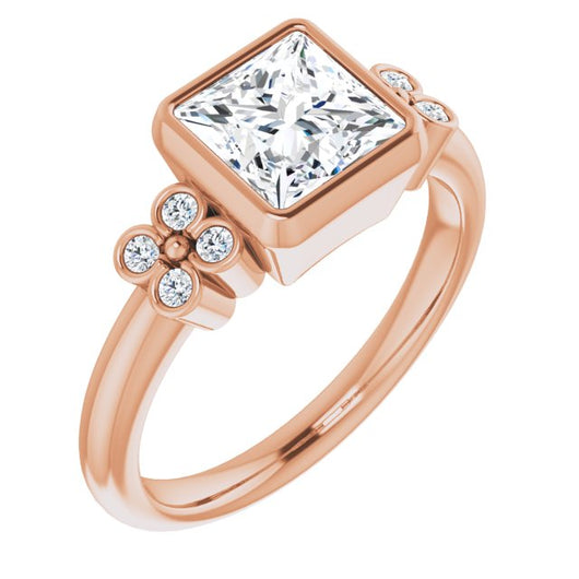 10K Rose Gold Customizable 9-stone Bezel-set Princess/Square Cut Design with Quad Round Bezel Side Stones Each Side