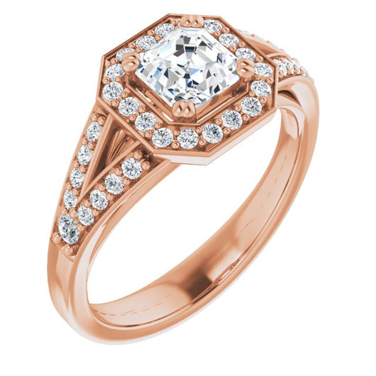 10K Rose Gold Customizable Cathedral-set Asscher Cut Style with Accented Split Band and Halo