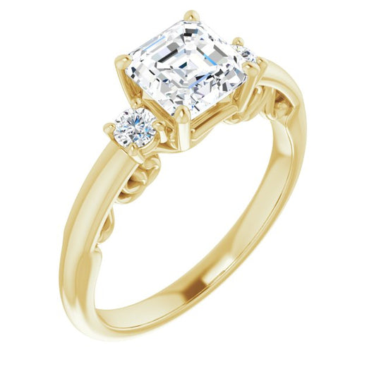 10K Yellow Gold Customizable Asscher Cut 3-stone Style featuring Heart-Motif Band Enhancement