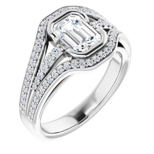 10K White Gold Customizable Cathedral-Bezel Emerald/Radiant Cut Design with Wide Triple-Split-Pavé Band