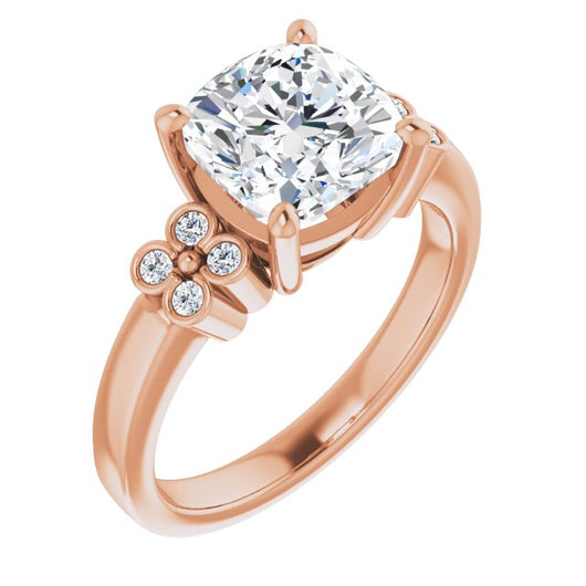 10K Rose Gold Customizable 9-stone Design with Cushion Cut Center and Complementary Quad Bezel-Accent Sets