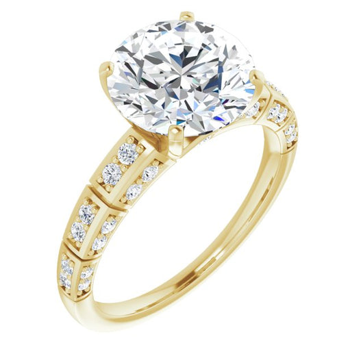 10K Yellow Gold Customizable Round Cut Style with Three-sided, Segmented Shared Prong Band