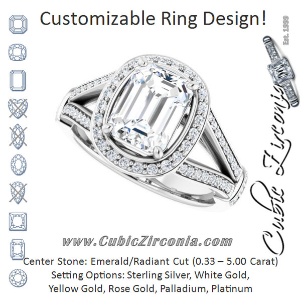 Cubic Zirconia Engagement Ring- The Cecelia  (Customizable Emerald Cut Setting with Halo, Under-Halo Trellis Accents and Accented Split Band)