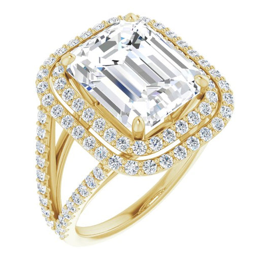 10K Yellow Gold Customizable Emerald/Radiant Cut Design with Double Halo and Wide Split-Pavé Band