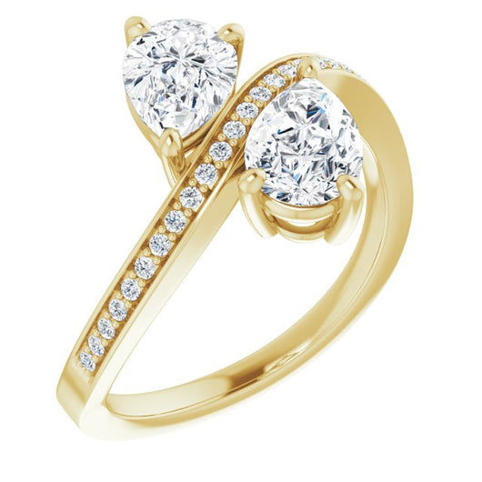 10K Yellow Gold Customizable 2-stone Pear Cut Bypass Design with Thin Twisting Shared Prong Band