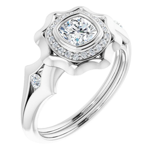 10K White Gold Customizable Bezel-set Cushion Cut with Halo & Oversized Floral Design