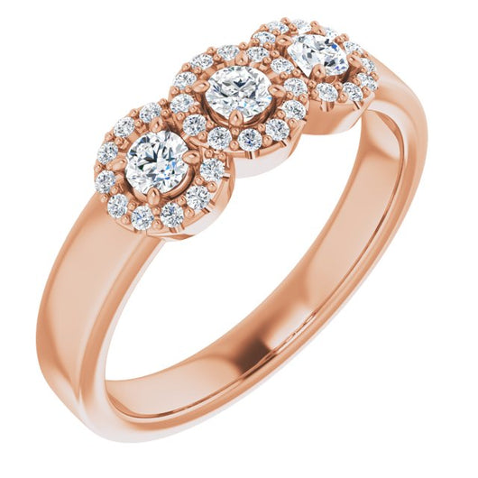 10K Rose Gold Customizable Round Cut Triple Halo 3-stone Design