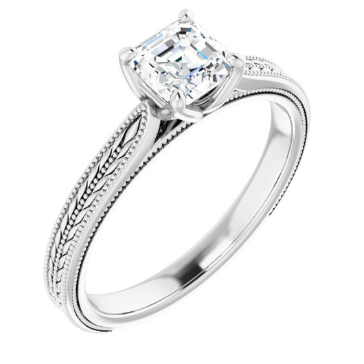 10K White Gold Customizable Asscher Cut Solitaire with Wheat-inspired Band 