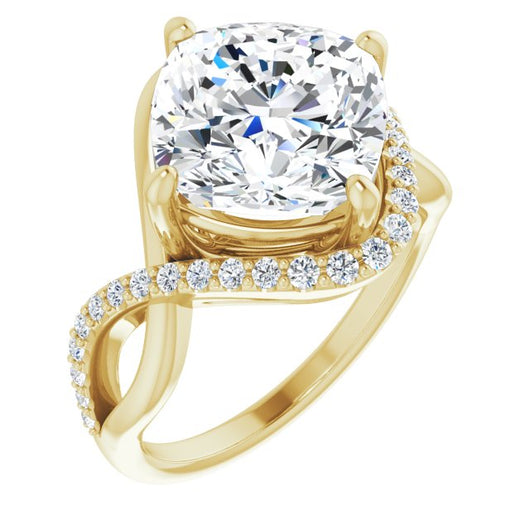 10K Yellow Gold Customizable Cushion Cut Design with Semi-Accented Twisting Infinity Bypass Split Band and Half-Halo