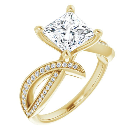 10K Yellow Gold Customizable Princess/Square Cut Design with Swooping Pavé Bypass Band