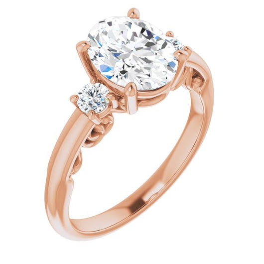 10K Rose Gold Customizable Oval Cut 3-stone Style featuring Heart-Motif Band Enhancement