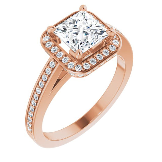 10K Rose Gold Customizable Cathedral-set Princess/Square Cut Design with Halo, Thin Pavé Band & Round-Bezel Peekaboos