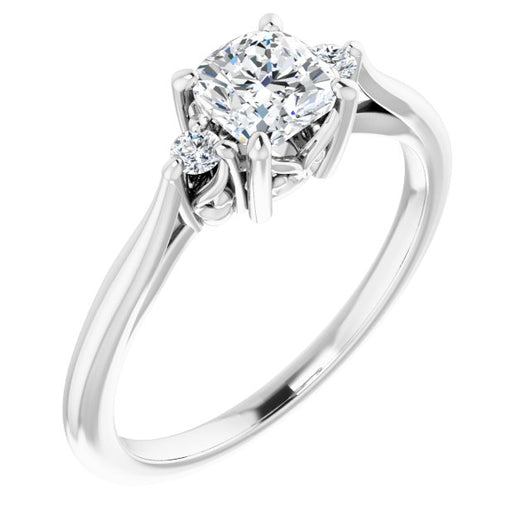 10K White Gold Customizable Three-stone Cushion Cut Design with Small Round Accents and Vintage Trellis/Basket