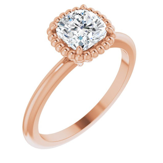 10K Rose Gold Customizable Cushion Cut Solitaire with Beaded Metallic Milgrain