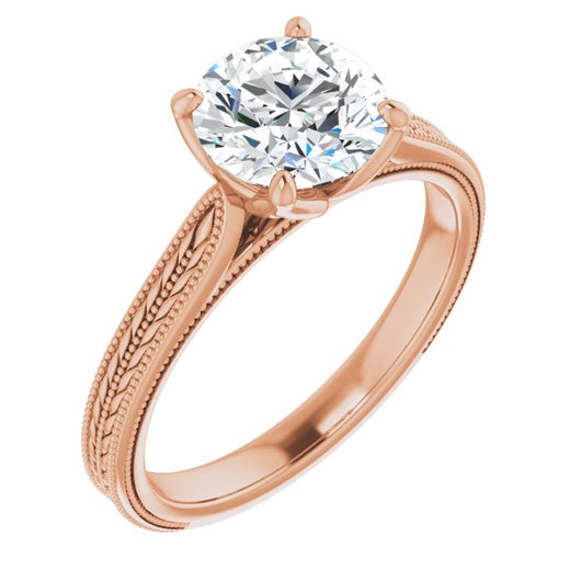 10K Rose Gold Customizable Round Cut Solitaire with Wheat-inspired Band 