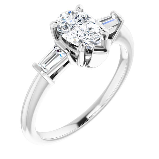 10K White Gold Customizable 3-stone Pear Cut Design with Dual Baguette Accents)