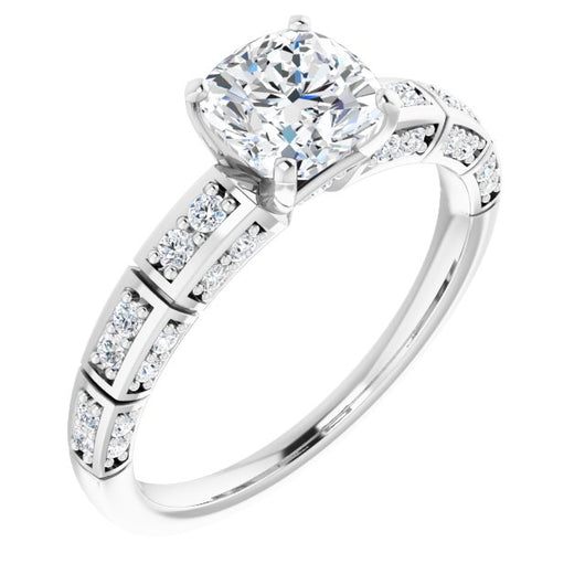 10K White Gold Customizable Cushion Cut Style with Three-sided, Segmented Shared Prong Band