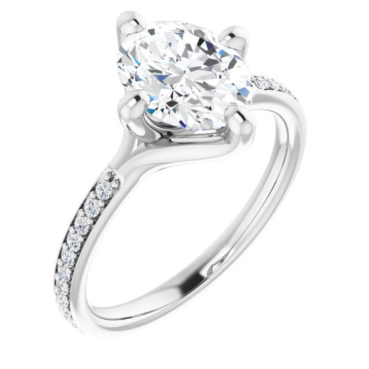 10K White Gold Customizable Oval Cut Design featuring Thin Band and Shared-Prong Round Accents