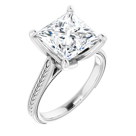 10K White Gold Customizable Princess/Square Cut Solitaire with Wheat-inspired Band 