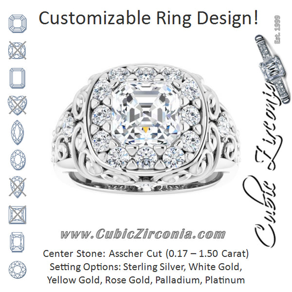 Cubic Zirconia Engagement Ring- The Vanessa (Customizable Asscher Cut Halo Style with Round Prong Side Stones and Intricate Metalwork)