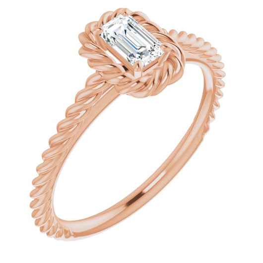 10K Rose Gold Customizable Cathedral-set Emerald/Radiant Cut Solitaire with Thin Rope-Twist Band