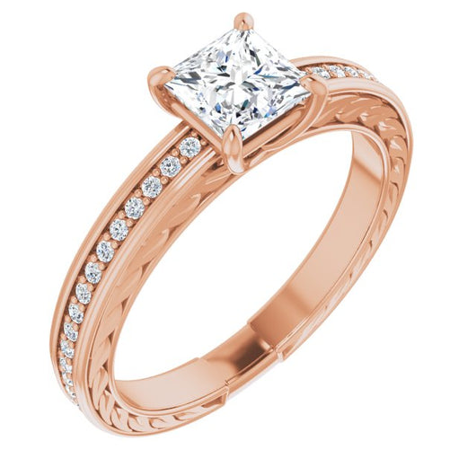 10K Rose Gold Customizable Princess/Square Cut Design with Rope-Filigree Hammered Inlay & Round Channel Accents