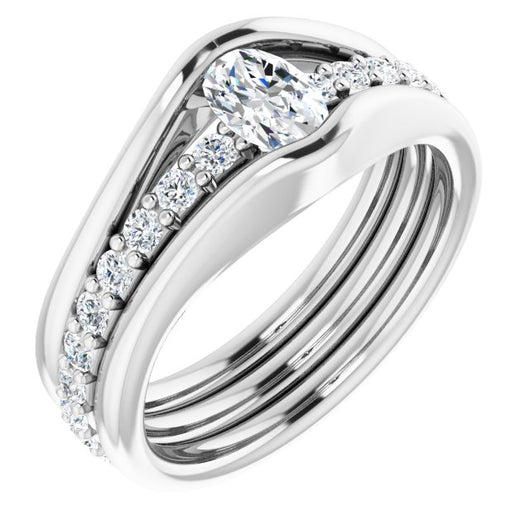 10K White Gold Customizable Bezel-set Oval Cut Style with Thick Pavé Band