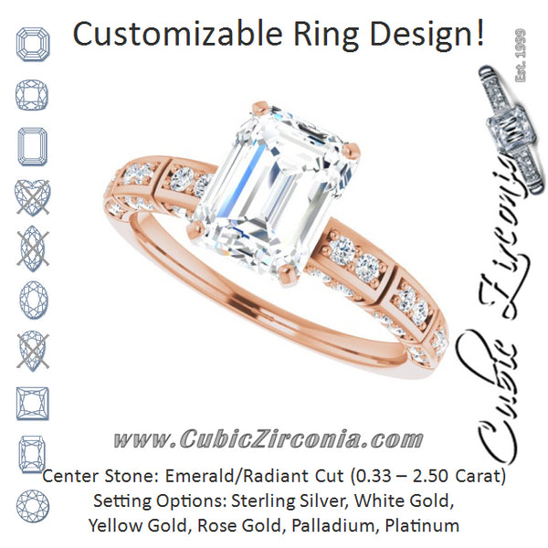 Cubic Zirconia Engagement Ring- The Anna (Customizable Emerald Cut Style with Three-sided, Segmented Shared Prong Band)