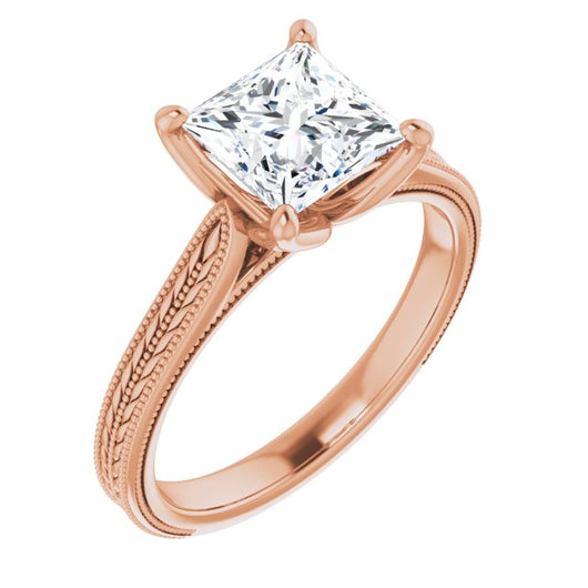 10K Rose Gold Customizable Princess/Square Cut Solitaire with Wheat-inspired Band 