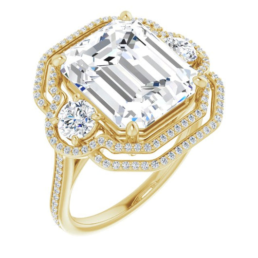 10K Yellow Gold Customizable Enhanced 3-stone Double-Halo Style with Emerald/Radiant Cut Center and Thin Band