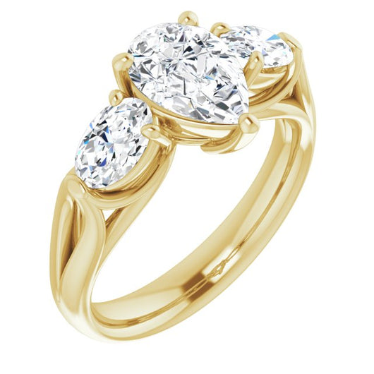 10K Yellow Gold Customizable Cathedral-set 3-stone Pear Cut Style with Dual Oval Cut Accents & Wide Split Band