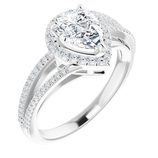 10K White Gold Customizable Pear Cut Vintage Design with Halo Style and Asymmetrical Split-Pavé Band