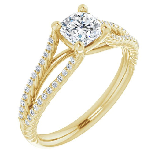 10K Yellow Gold Customizable Cushion Cut Style with Split Band and Rope-Pavé