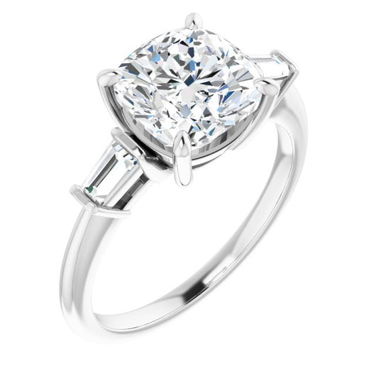 10K White Gold Customizable 3-stone Cushion Cut Design with Dual Baguette Accents)