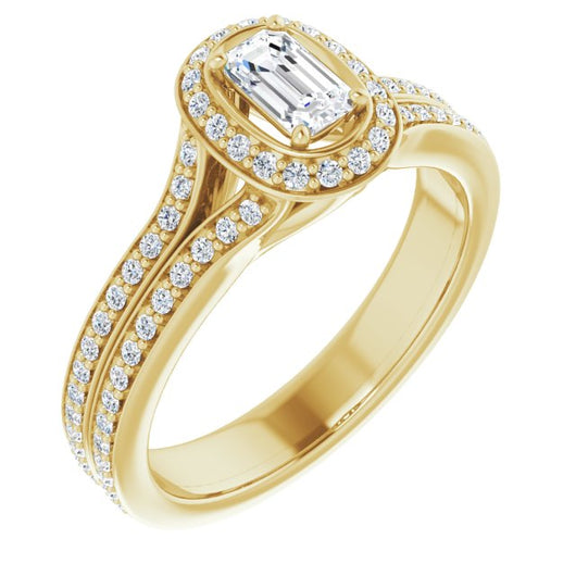 10K Yellow Gold Customizable Cathedral-raised Emerald/Radiant Cut Setting with Halo and Shared Prong Band