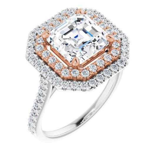 14K White & Rose Gold Customizable Double-Halo Asscher Cut Design with Accented Split Band