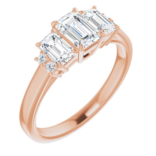 10K Rose Gold Customizable Triple Emerald/Radiant Cut Design with Quad Vertical-Oriented Round Accents