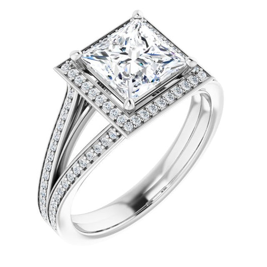 10K White Gold Customizable Princess/Square Cut Design with Split-Band Shared Prong & Halo