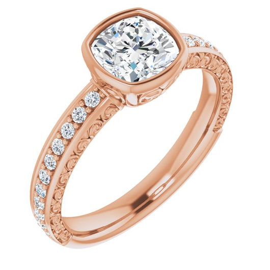 10K Rose Gold Customizable Bezel-set Cushion Cut Design with Cloud-pattern Band & Semi-Eternity Accents