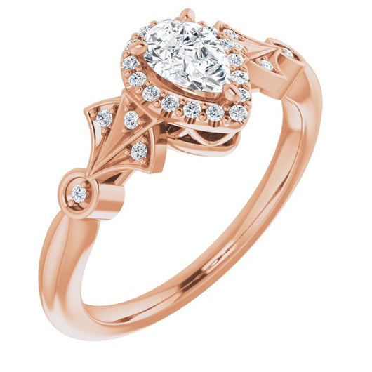 10K Rose Gold Customizable Cathedral-Crown Pear Cut Design with Halo and Scalloped Side Stones