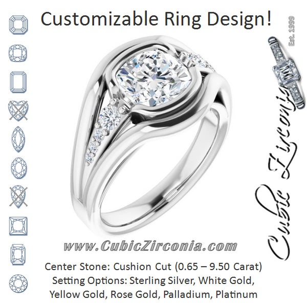 Cubic Zirconia Engagement Ring- The Naira (Customizable 9-stone Cushion Cut Design with Bezel Center, Wide Band and Round Prong Side Stones)