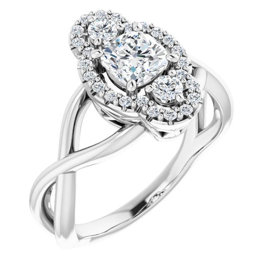 10K White Gold Customizable Vertical 3-stone Cushion Cut Design Enhanced with Multi-Halo Accents and Twisted Band