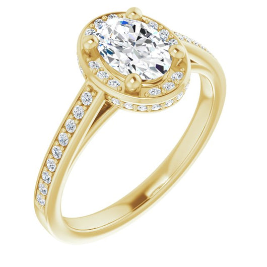 10K Yellow Gold Customizable Cathedral-Halo Oval Cut Design with Under-halo & Shared Prong Band