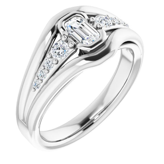 10K White Gold Customizable 9-stone Emerald/Radiant Cut Design with Bezel Center, Wide Band and Round Prong Side Stones