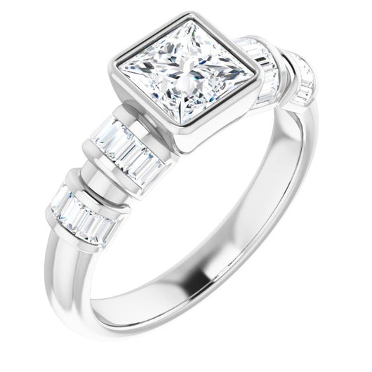 10K White Gold Customizable Bezel-set Princess/Square Cut Design with Quad Horizontal Band Sleeves of Baguette Accents