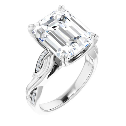 10K White Gold Customizable Cathedral-raised Emerald/Radiant Cut Design featuring Rope-Braided Half-Pavé Band