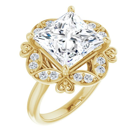 10K Yellow Gold Customizable Princess/Square Cut Design with Floral Segmented Halo & Sculptural Basket