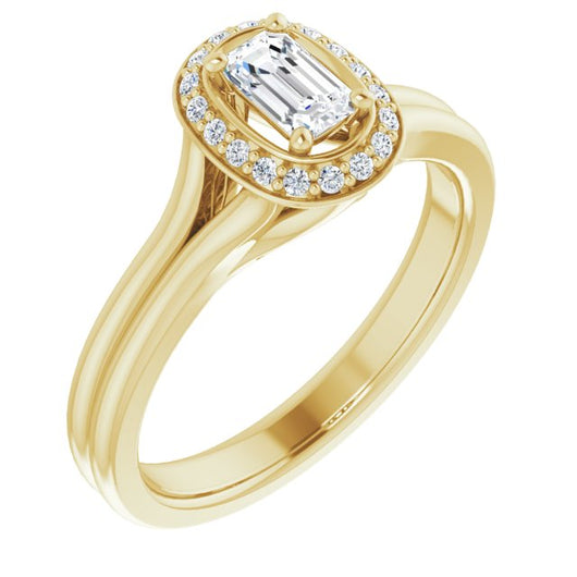 10K Yellow Gold Customizable Cathedral-set Emerald/Radiant Cut Design with Split-band & Halo Accents