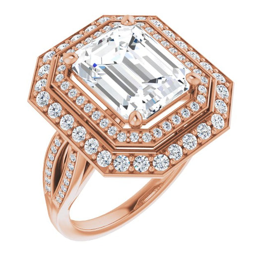 10K Rose Gold Customizable Cathedral-style Emerald/Radiant Cut Design with Double Halo & Split-Pavé Band